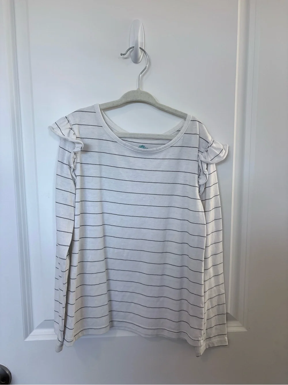 3/$10 - Girls' White Striped Long Sleeve Top with Ruffle Shoulders